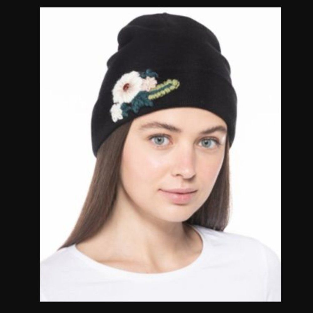 INC Black Embroidered Flower Beanie